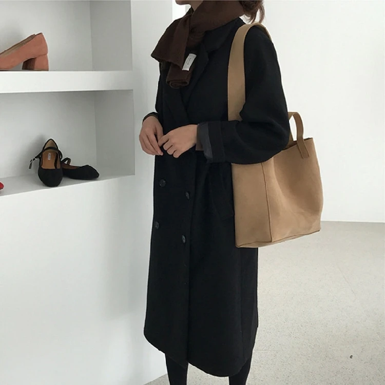 Женская элегантная Зимняя шерстяная куртка черного и коричневого цвета, длинное двубортное шерстяное пальто размера плюс, Manteau Femme Hiver