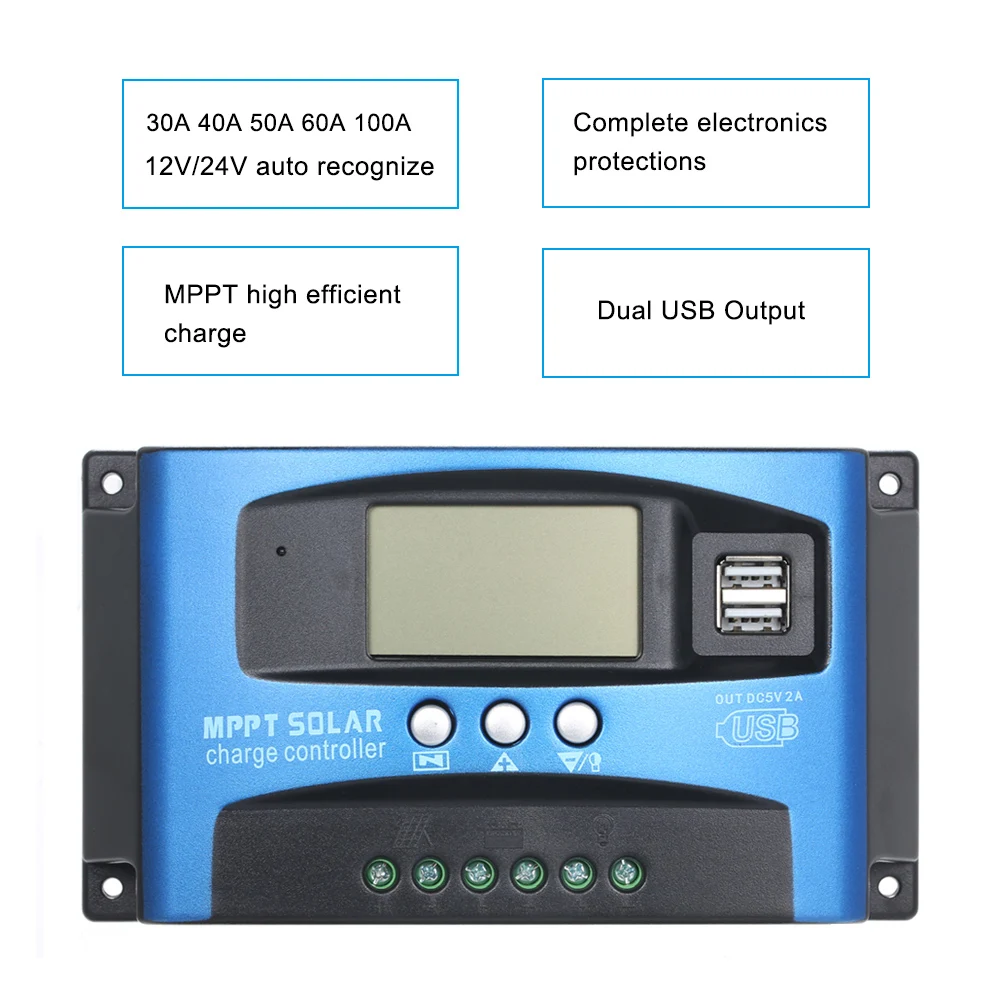 MPPT Солнечный контроллер заряда двойной USB ЖК-дисплей Авто Солнечная батарея Панель зарядное устройство регулятор MPPT 60A 30A 40A 50A 100A солнечный регулятор