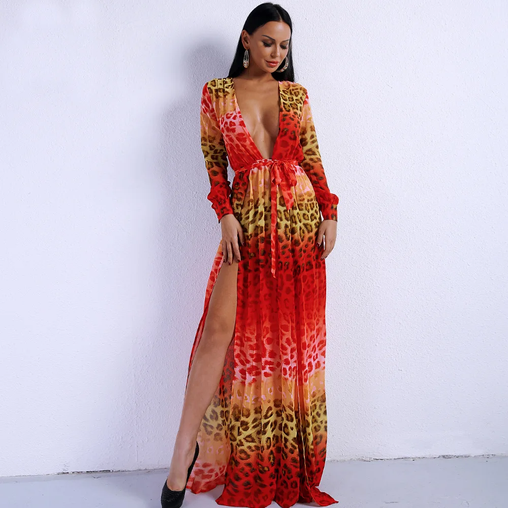 

2019-Deep-v Style Long Sleeve Printed Seaside Holiday Slit Dress Europe And America Beach