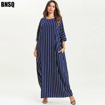 

BNSQ Plus Size Dress Dark Blue Striped Loose Sleeves Pockets Large Robe Femme Oman Muslim Maxi Dress Islamic Clothes Turkey Arabian Caftan Marocain Turkey Kaftan Pakistani