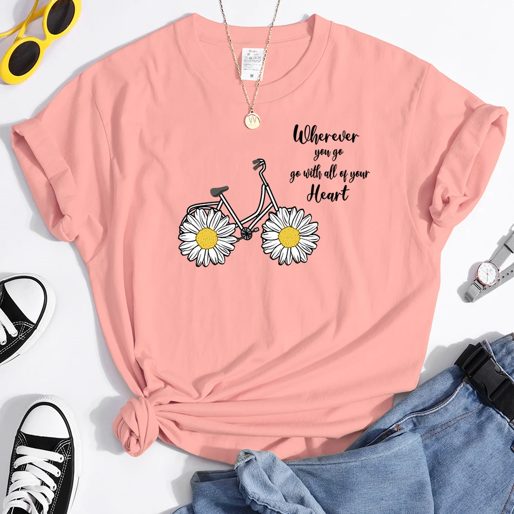 Women's Tshirt Daisy Bike Personalized Text T-Shirts Crewneck Vintage Short Sleeve Tops Korean Style Solid Color Women Tshirt