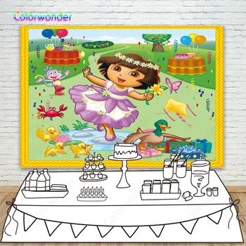 

Little Girl Dora Explorer Happy Birthday Party Supplies Backdrops Cake Balloons Picnic Cartoon Photo Background Banner Photocall
