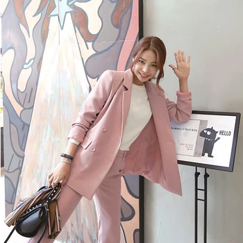 

Fashion 2020 spring Korean version was thin double-breasted pink small suit casual nine-point pants two-piece female suit