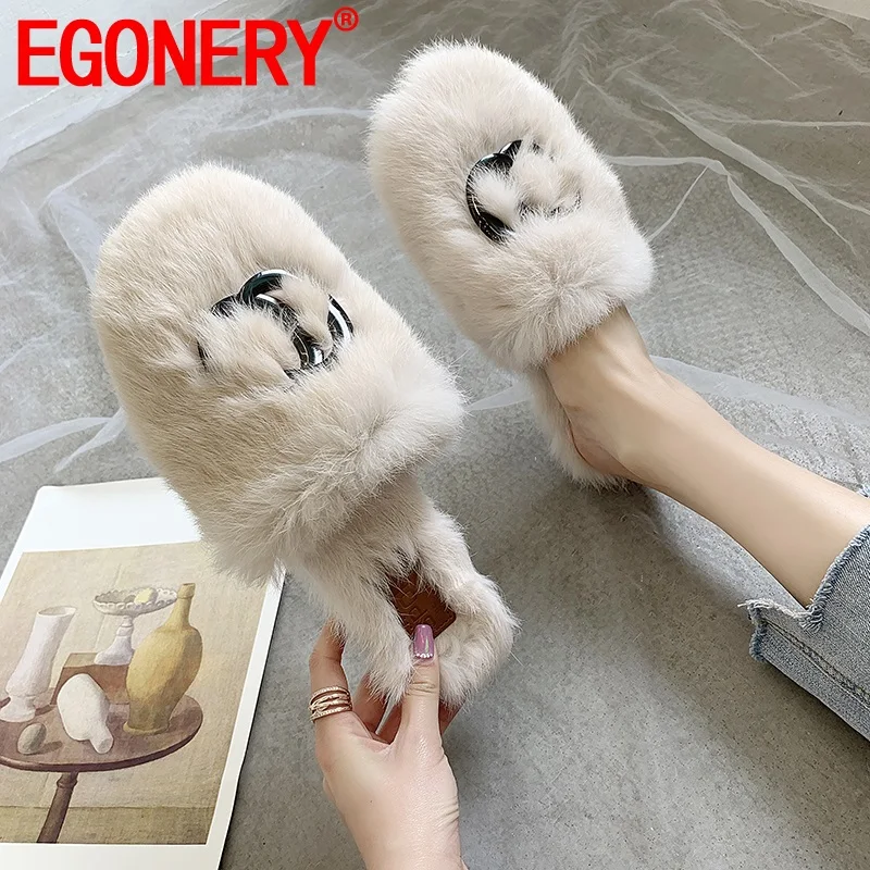 

EGONERY winter woman slippers pajama party Indoor slippers spring 34-39 CN beige rabbit fur women's flats shoes drop shipping