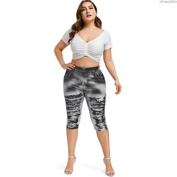 

Summer Women Leggings Streetwear 5XL Trouser Plus Size 3D Ripped Jeans Print Leggings Elastic High Wasit Skinny Jeans