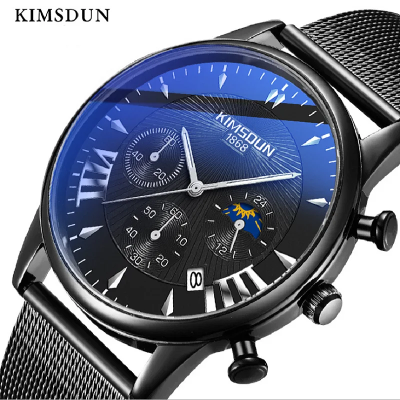 

Top Luxury Brand Men Watch KIMSDUN Moon Star Black Mesh Steel Strap Male Clock Design Mens Bbusiness Watches Relogio Masculino