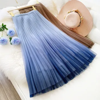 

Women Summer Mid-Calf Skirt 2020 New Summer High Waist Pleated Skirt Gradient Women's Mesh Skirt T02 Color Block