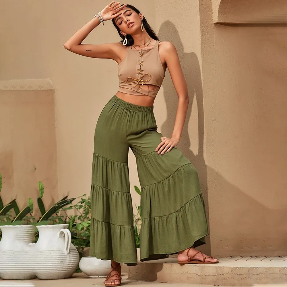 Waist Thin Wide Leg Pants Loose Cotton High Waist Pants Pleated Stitching Beach Pants Women Straight Trousers 2020 Summer New