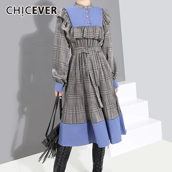 

CHICEVER Patchwork Plaid Hit Color Dress Women Stand Collar Long Sleeve High Waist Lace Up Midi Female Dresses 2020 New Clothes