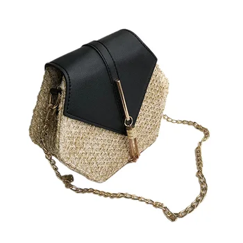 

Straw Tassel Beach Woven Women Bags Hexagon Summer Chain Knitting Shoulder Crossbody Small Handbag Messenger