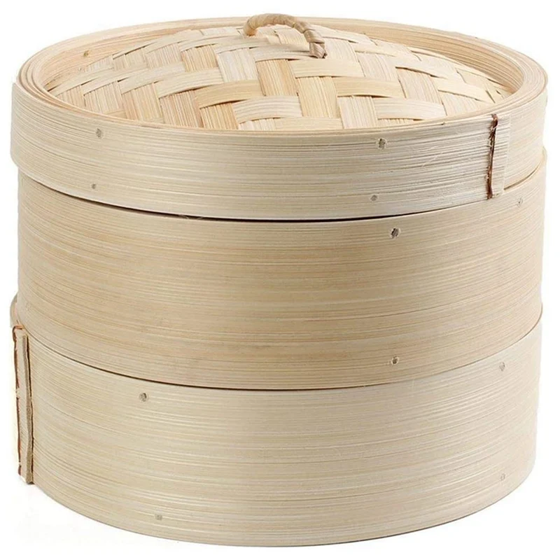 TOPSALE Bamboo Steamer 2 Set da 8 Pollici Dim Sum Basket Fornello di Pasta di Riso Set con Coperchio Cesto di Vapore per Verdure