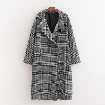 

Vintage Double Breasted Plaid Woolen Coats Women Fashion Turn Down Collar Jackets Elegant Ladies Pockets Long Coats