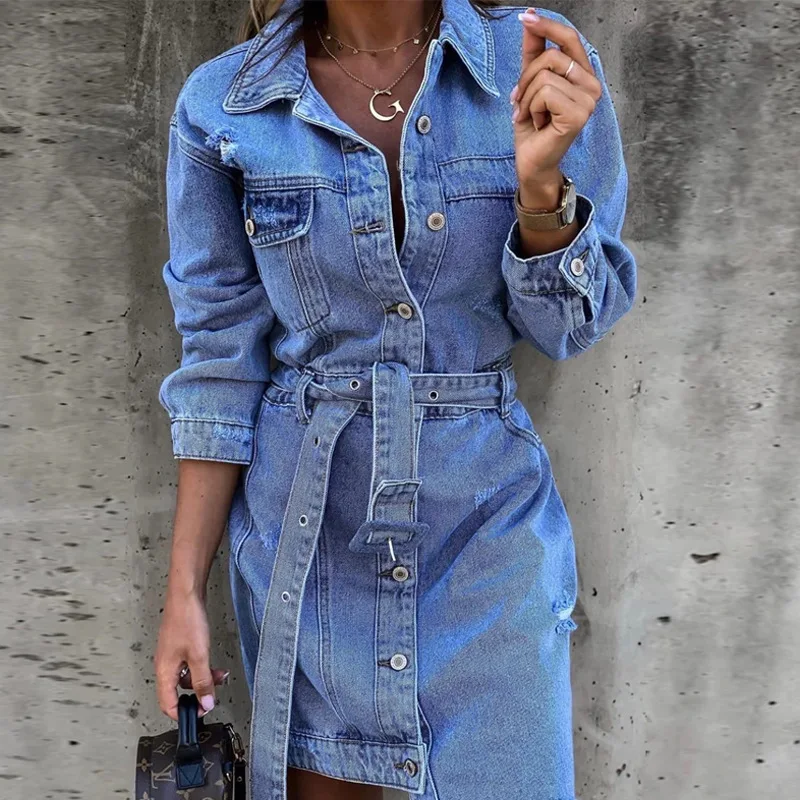 Abito di jeans Casual monopetto 2022 colletto rovesciato a molla abito a  maniche lunghe Slim manica lunga donna Jean Fashion Streetwear|Dresses| -  AliExpress