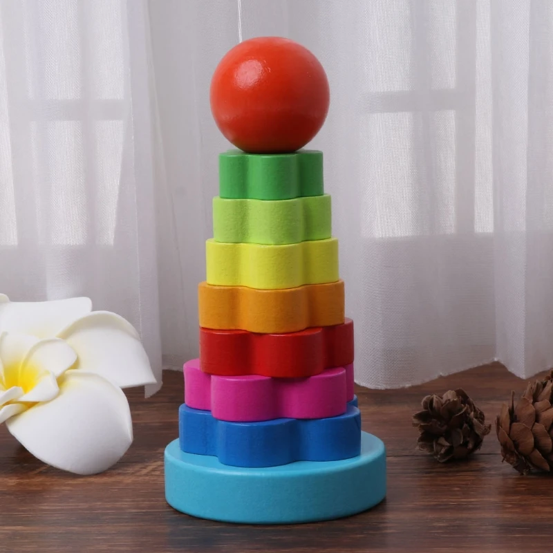 

Baby Kid Education Wooden Toy Stacking Nest Learning Stack Up Rainbow Tower Ring