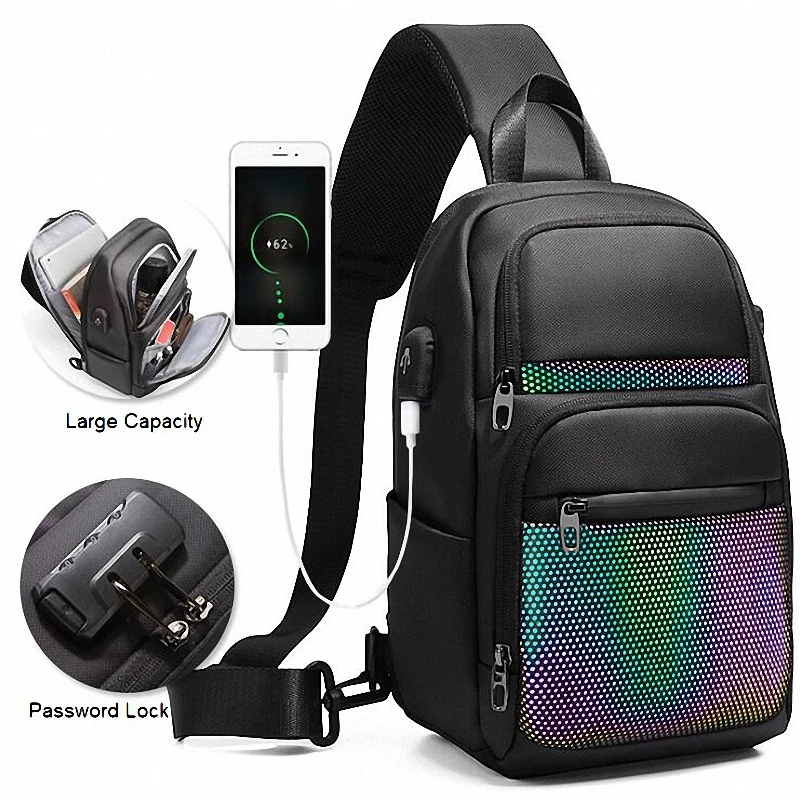 

Colorful Men Chest Bag for USB Backpack Charging Short Trip Messenger Bags Water Repellent Oxford Crossbody Shoulder Bag