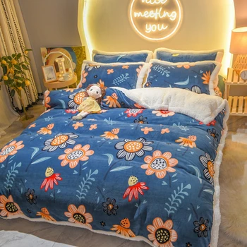 

Blue Sunflowers Bedding Sets 4pcs Soft Warm Lamb Cashmere Quilt Cover Set Pillowcase Winter Flat Sheet Solid Fleece Cover Sets