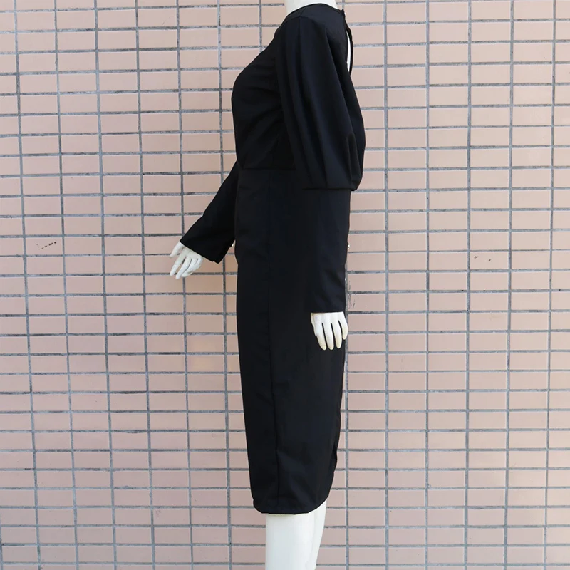 Fanbety женское черное платье с пышными рукавами и разрезом, женское сексуальное платье с открытой спиной и длинным рукавом, Осеннее Элегантное Вечернее Платье До Колена vestidos