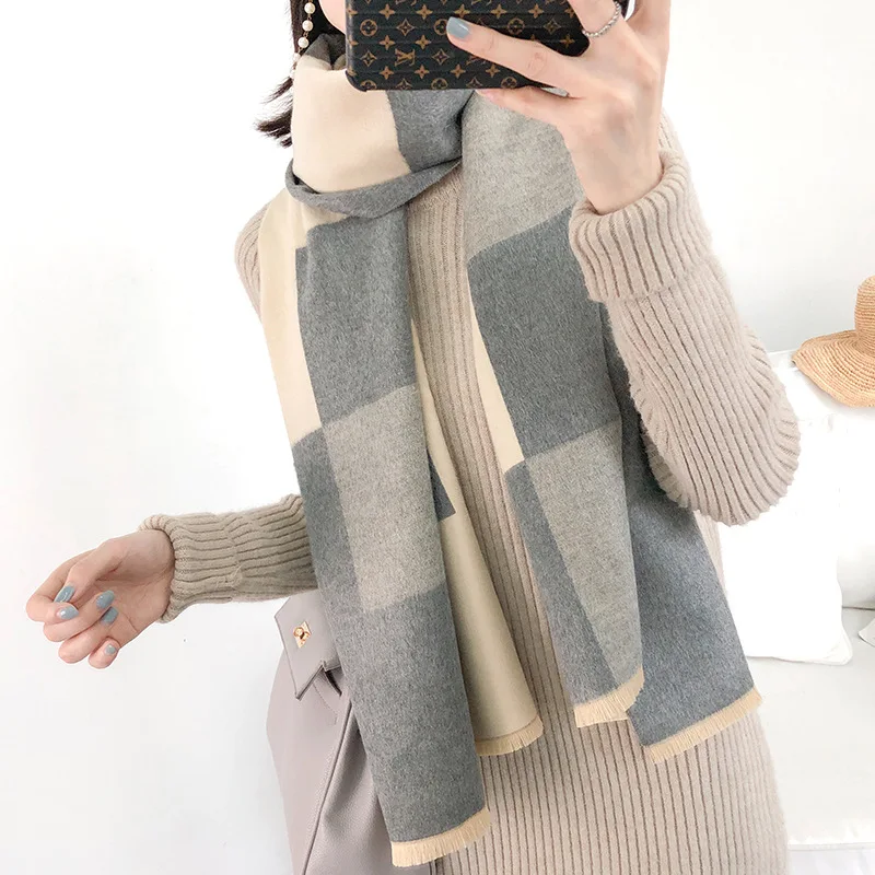 Thick Cashmere Women Winter Scarf Solid Plaid Female Pashmina Scarves Shawls and Wraps Luxury New