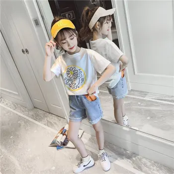 

New Teen Girls Clothing Sets Summer Baby Short Sleeve T-Shirt+Denim Shorts 2Pcs Outfits Kid Cotton Outwear Children Girl Clothes