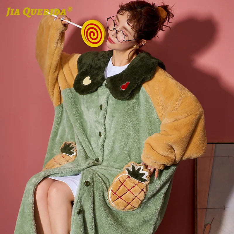 

Flannel Turn Down Collar Front Pocket Long Sleeve Night Robe Homerobe Fashion Style Casual Style Winter Button Long Sleeve