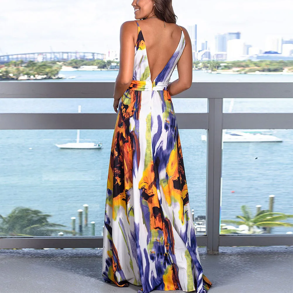 Bohisen Women's Sling Floral Long Dresses arrival Summer Boho V-Neck Sleeveless Evening Party Beach Maxi Dress Casual Sundress