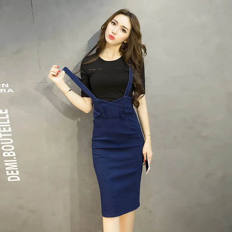 

2020 Autumn Fashion Bow Slim Spaghetti Strap Pencil Skirt For Women Summer Korean Style Mid Denim Skirt Blue