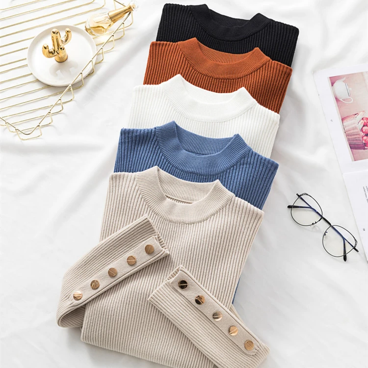 Comprar Colorfaith nuevo 2019 Otoño Invierno suéteres de las mujeres cuello redondo Botón de tejer tapas minimalista estilo coreano sólido SW063
