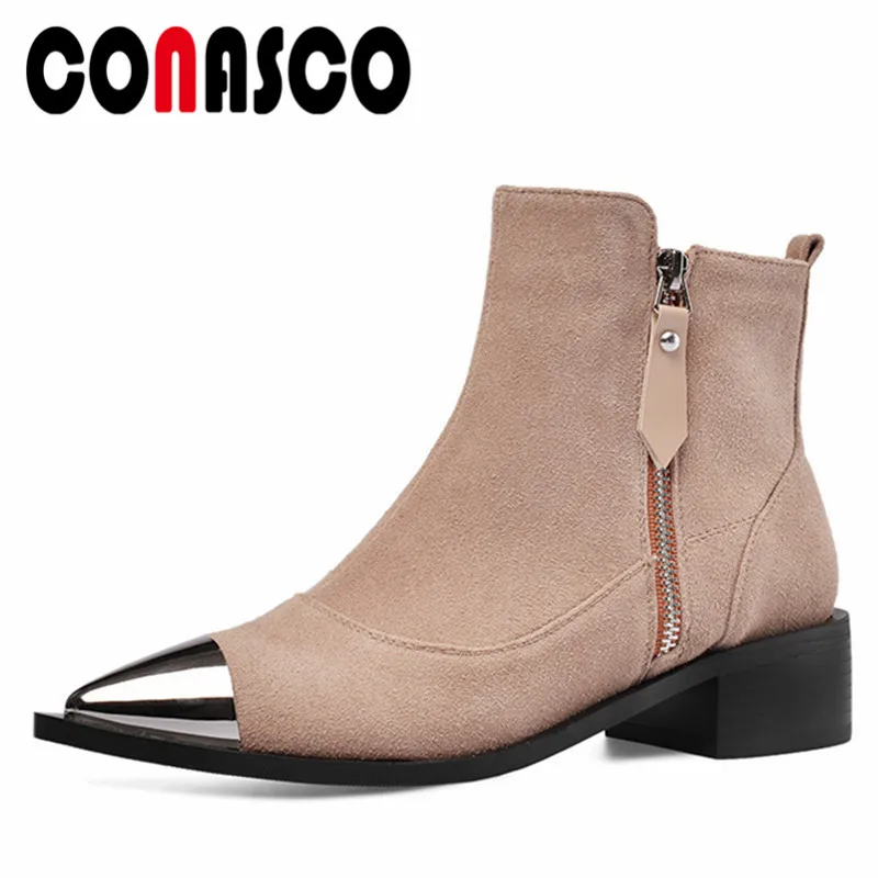 CONASCO Women Ankle Boots Platforms Spring Autumn Four Season Working Shoes Suede Leather Office Lady Rivets Buckles Woman | Обувь