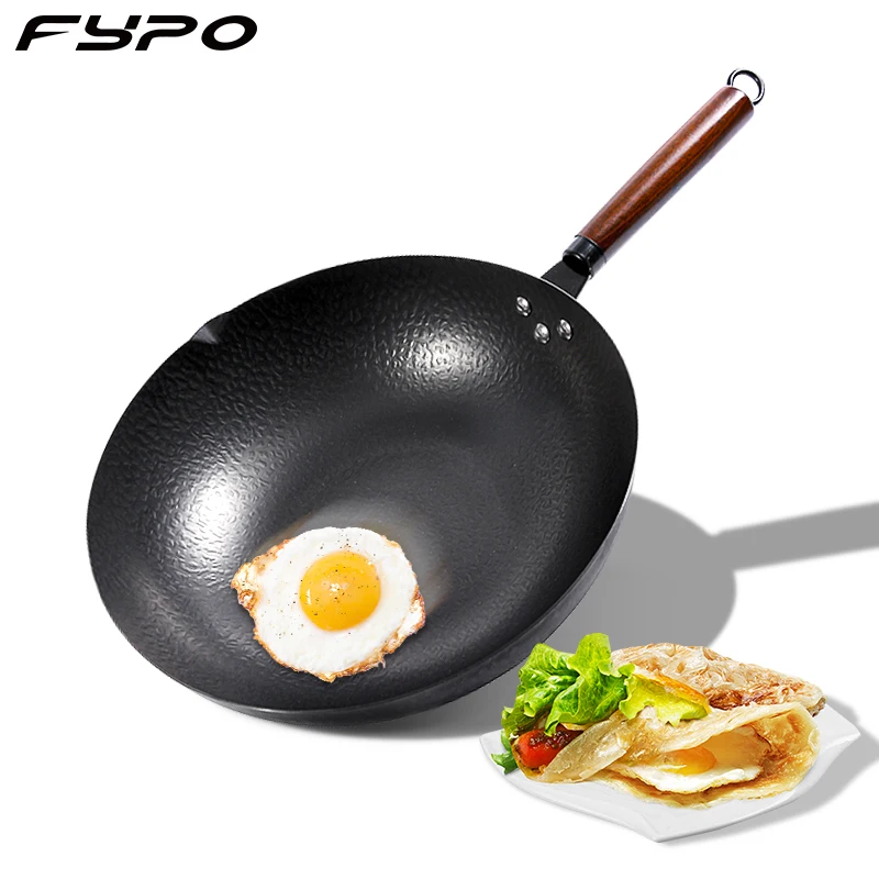 

Fypo Hand-forged Iron Wok Kitchen Cooking Pot Non-stick Frying Pan Detachable Wooden Handle Scratch Resistant Kitchen Cookware