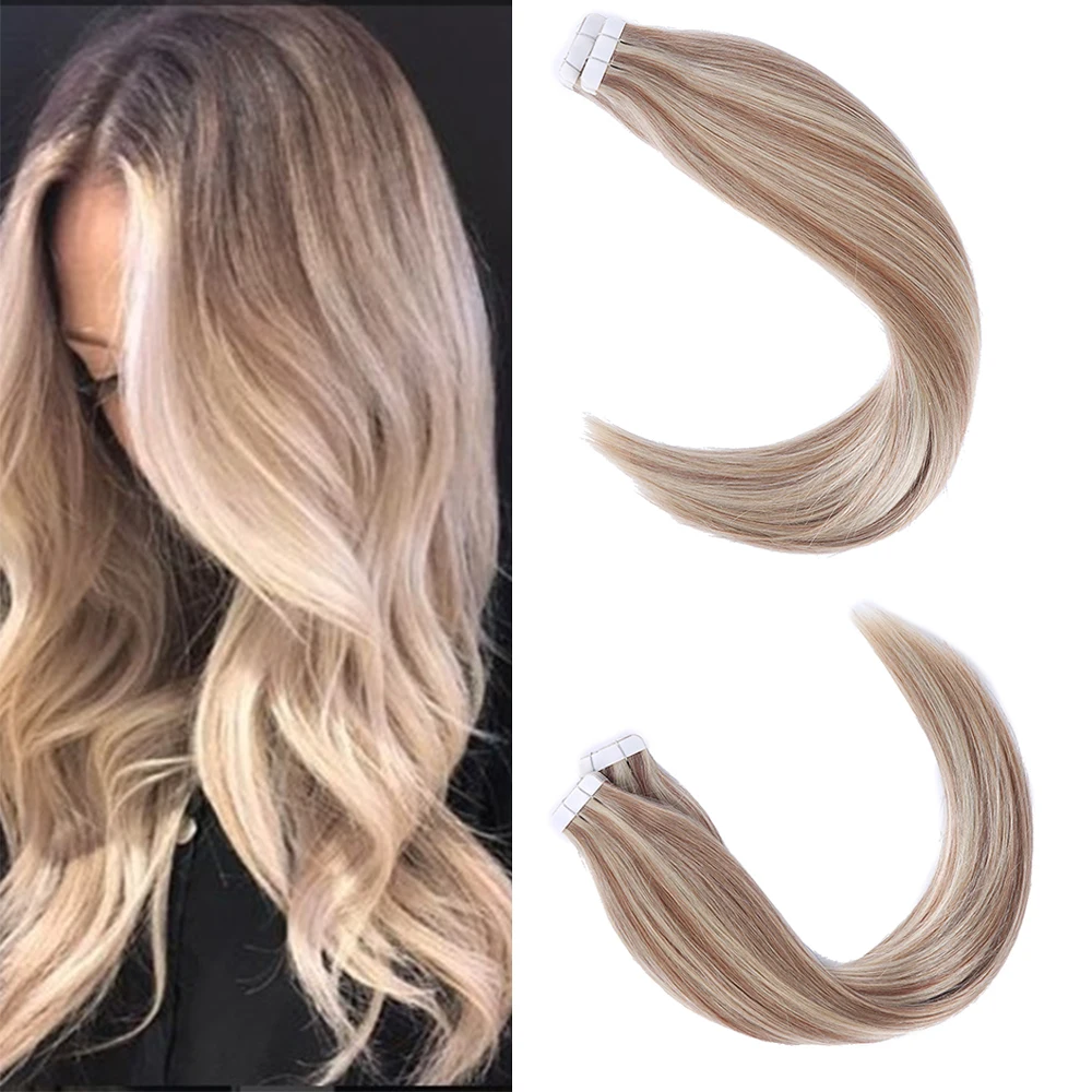 

sindra Tape In Human Hair Adhesive Extensions Remy Natural Hair 14" - 24" Piano Color 10b 613b Straight Skin Weft