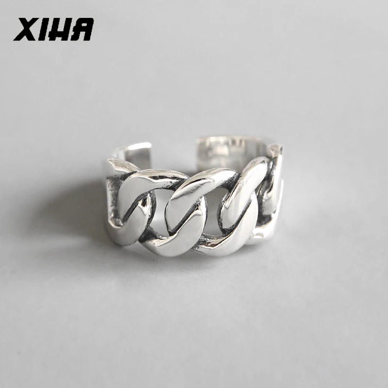 

XIHA Authentic 925 Sterling Silver Rings for Women Thick Chain Link Personality Ring Adjustable Thai Silver Vintage Jewelry