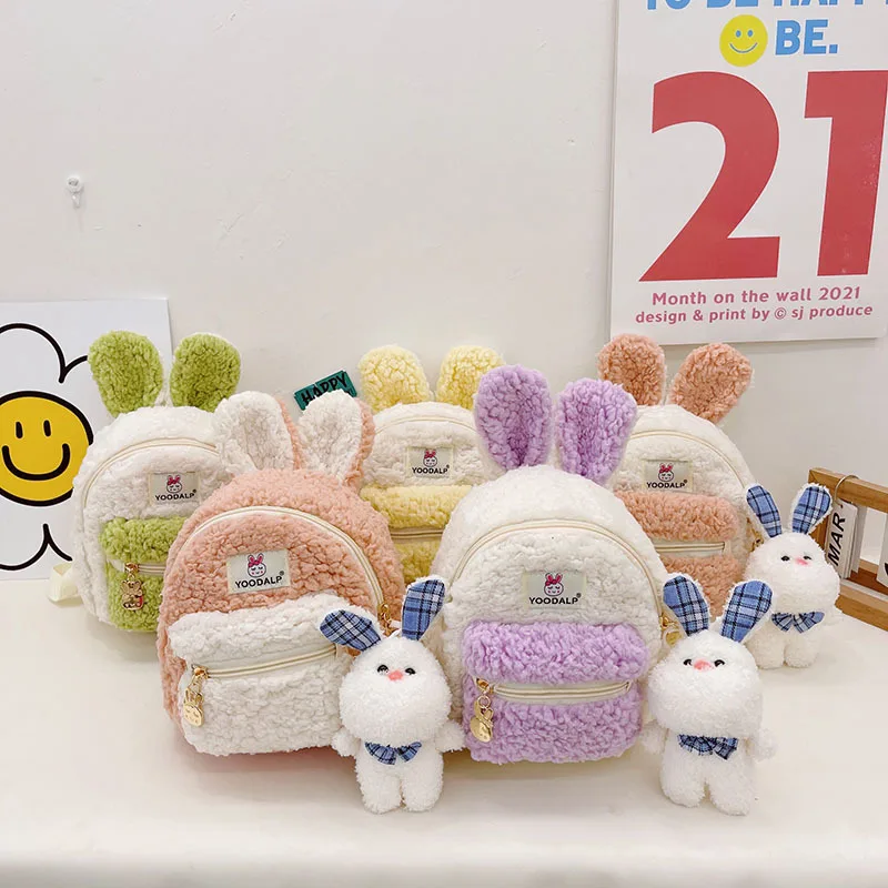 Kids Cute Rabbit Pendant Girls Boys Fashion Backpack Various Colors Mini Plush Children Kawai Backpack Lamb Wool In Kindergarten