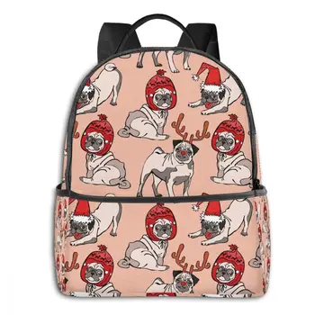 

Girls Boys Backpack Fashion Women Backpack College School Bagpack Pug Dog With Xmas Hats Travel Shoulder Bags For Teenage 2021