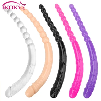 IKOKY Flexible Soft Jelly Dildo Vagina Anal Massager Anus Beads Sex Toys for Gay Women Long Artificial Penis Double End Dildo 1