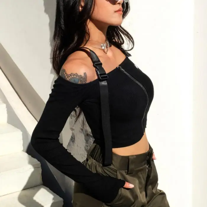 Pop Lady Short Top Solid Color Zipper Buckle Long Sleeve Off Shoulder Crop For Summer Pop 88