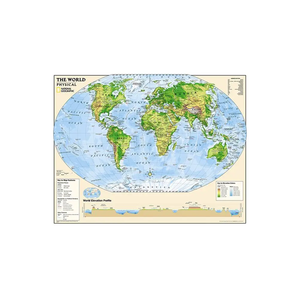 

The World Physical Map Elevation Profile with The Key To Map Feature For Beginner of Geological Research