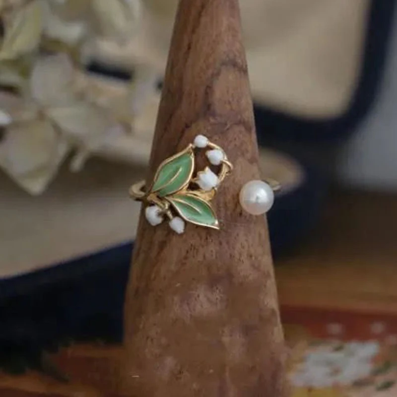 Lily of the valley element silver inlaid pearl enamel porcelain ladies ring