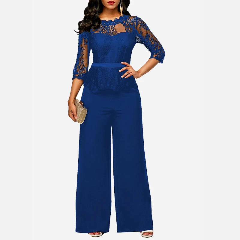 

Lace Wide Leg Women Plus Size Jumpsuits Half Sleeve Solid Party Rompers Female 2019 Fashion Autumn Elegant Long Jumpsuit Ladies