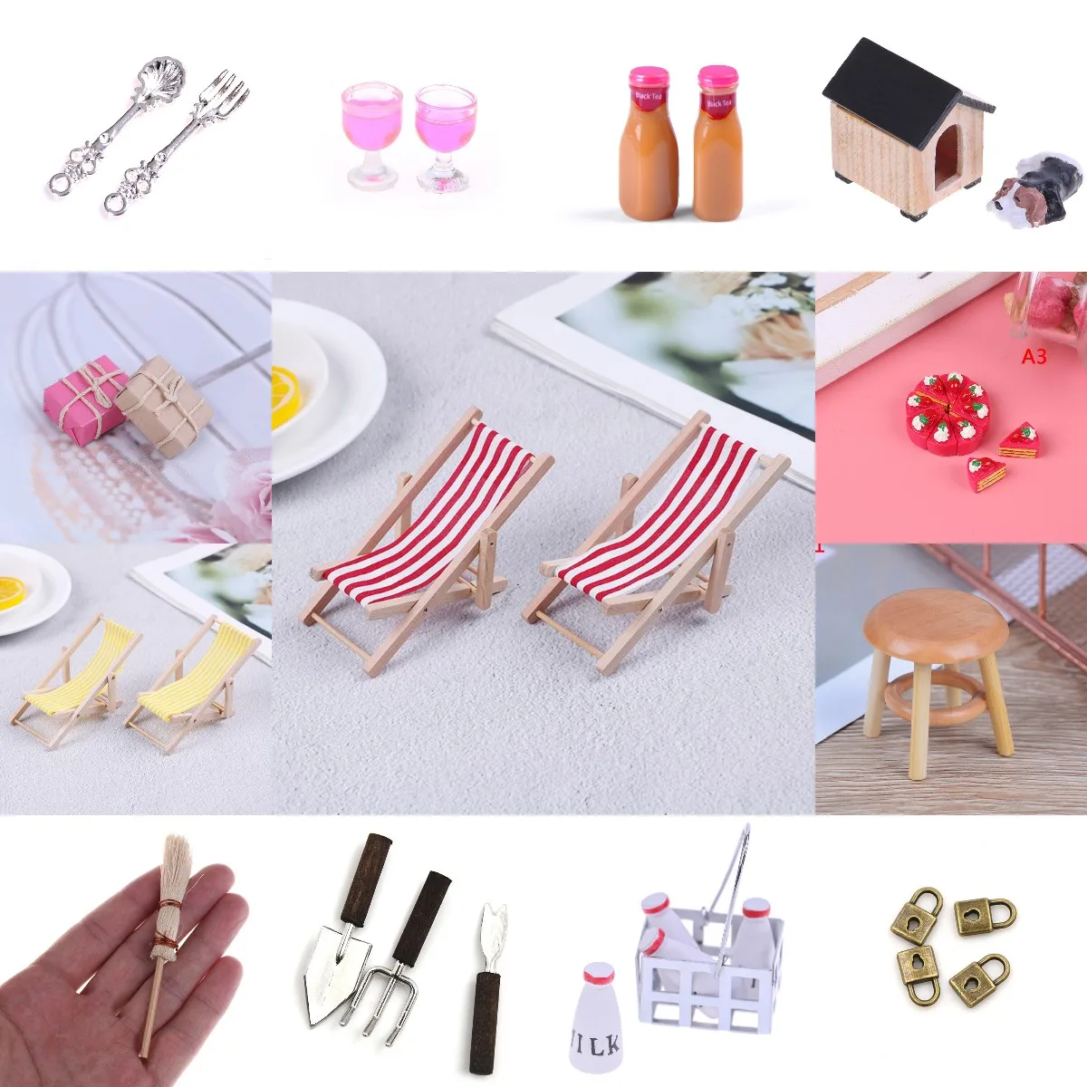 

Dollhouse Miniture Beach Chair Broom Milk Juice Drink Coffee For Dollhouse Furniture Toy Doll House Decoration Accessories