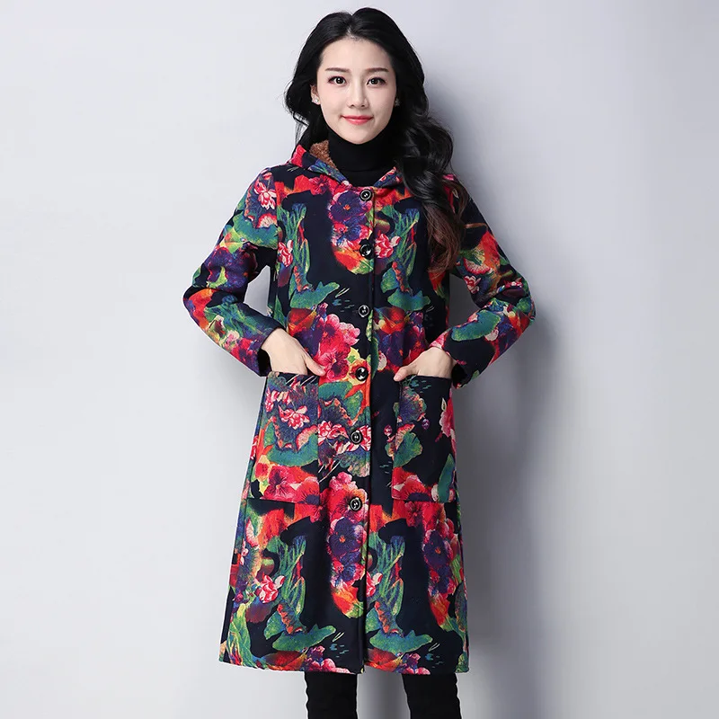 

Ethnic-Style Printed Cotton-padded Clothes WOMEN'S Coat 2018 Autumn And Winter New Style Mid-length Hooded plus Velvet Large Siz