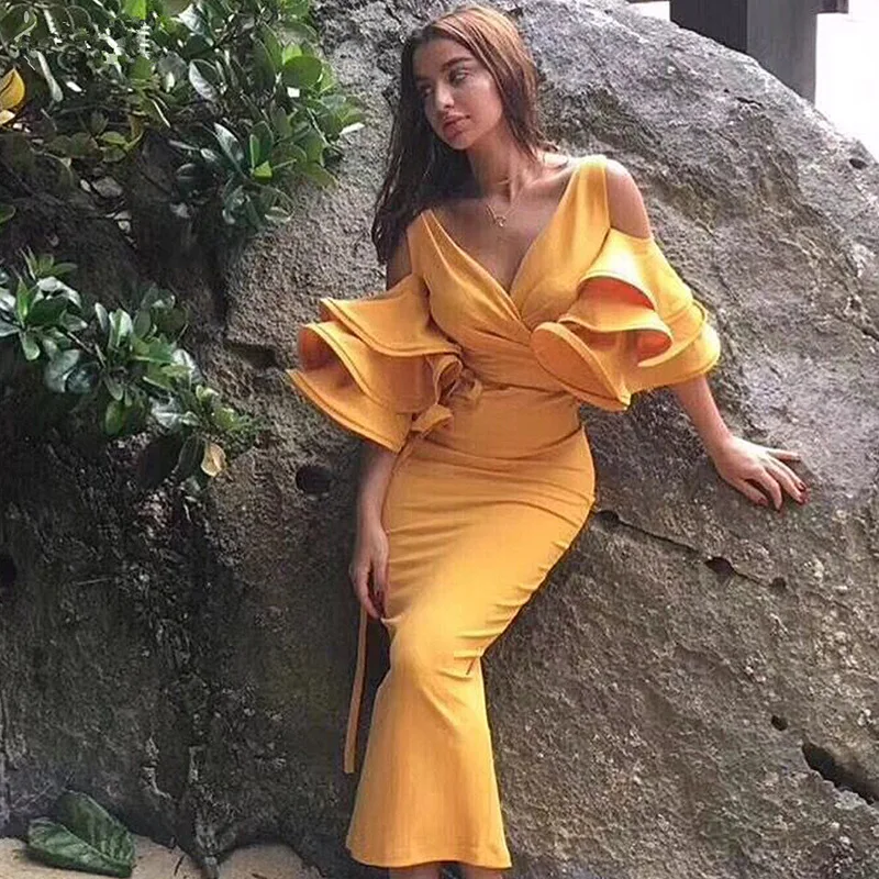 

2019 Autumn Sexy Bodycon Dress Ladies Off Shoulder Butterfly Sleeve Party Dresses V-neck Women Clothes