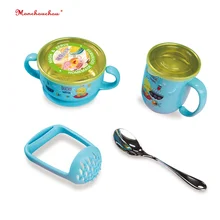 Vaisselle d'alimentation pour bébé, ensemble de 4 pièces, tasse, cuillère, tige de broyage, acier inoxydable antidérapant, bol dessin animé pour enfants avec ventouse