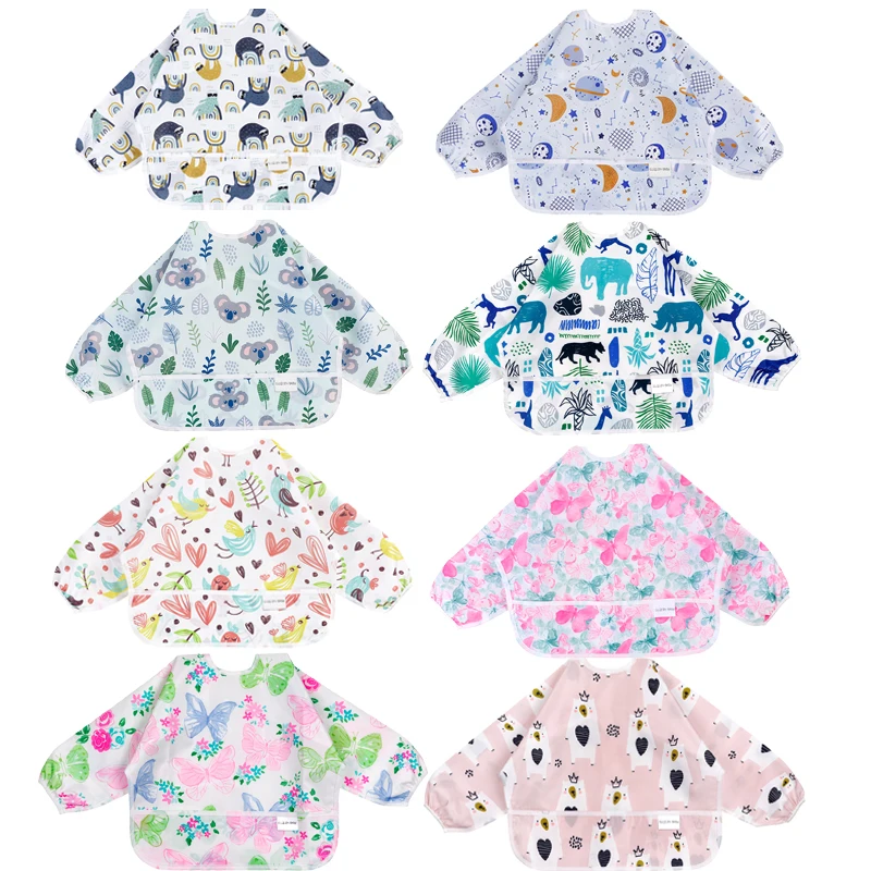 30 Styles Baby Bibs Waterproof Long Sleeve Infant Eating Tools With Pocket Reusable Cartoon Animals Bandana For 6-24M Boys | Мать и