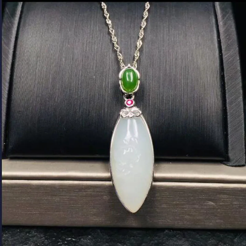 925 Sterling Silver White Green HeTian Jade Inlay Water Drop Lucky Pendant+ Chain Necklace For Women Charm Fine Jewelry Gift