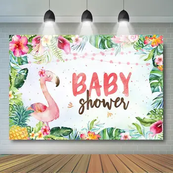 

Flamingle Baby Showe Backdrop Summer Tropical Leaves Flower Photo Background Hawaii Style Flamingo Baby Shower Party Decoration