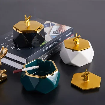 

Geometric Ashtray Ceramic and Resin Living Room Table Accessories Ashtrays with Lids Portable Ashtray Gift for Boyfriend