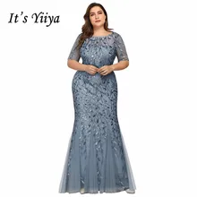 Это Yiiya вечернее платье с круглым вырезом Robe De Soiree, короткий рукав, расшитое блестками, Русалка, женские вечерние платья, Длинные вечерние платья C545