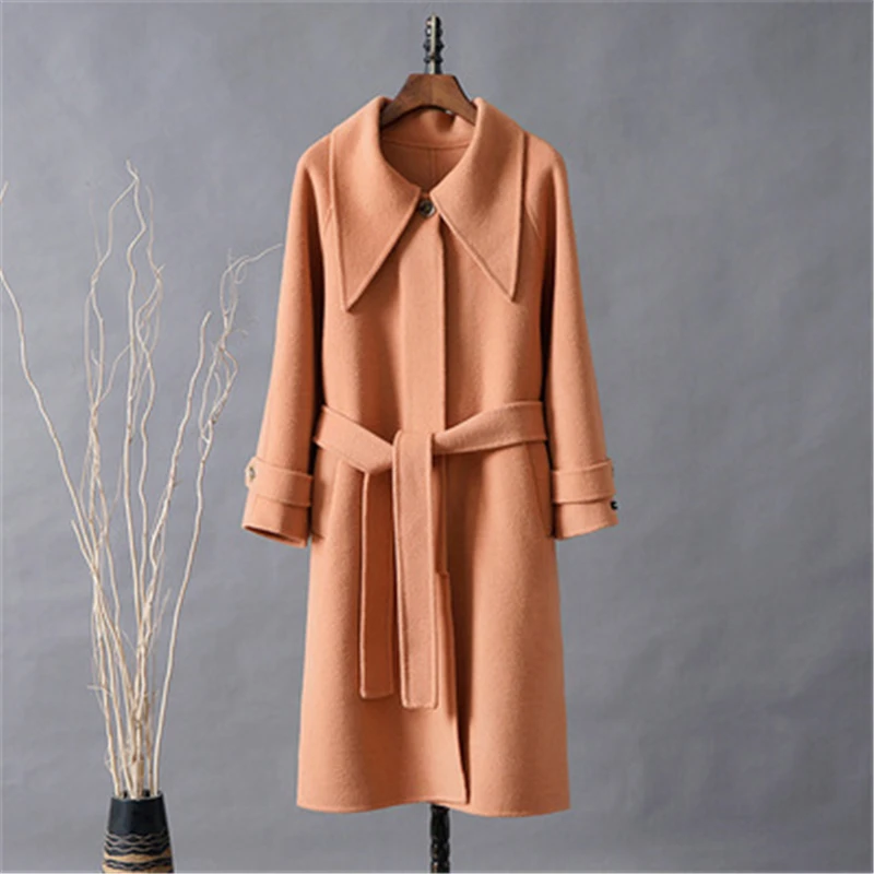 

Winter Fashion New Mid-Length Style Lapel Long-Sleeved Solid Color Double-Sided Wool Coat Temperament Female Trendy H380