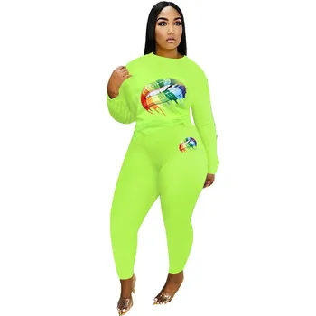 

Color Fluorescent Lips Print Two-piece Suit 2020 Spring New Sports Casual Fashion Thin Section Women's Shirt + Pants 2 Piece Set