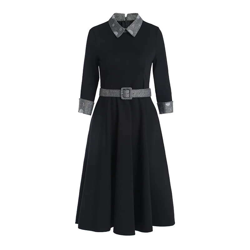 Cute Peter Pan Collar Clothes Autumn Fashion Patchwork Slim A Line Dress High Waist Office Ladies Belt Knee Length Dresses
